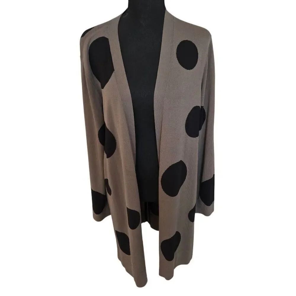 Chicos Womens Open Front Olive Green Black Polka Dot Cardigan Sweater Large